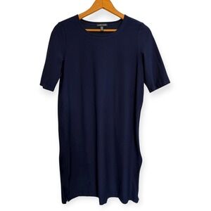 Eileen Fisher Navy Blue Shift Dress XS‎ Short Sleeve Stretch Knit USA